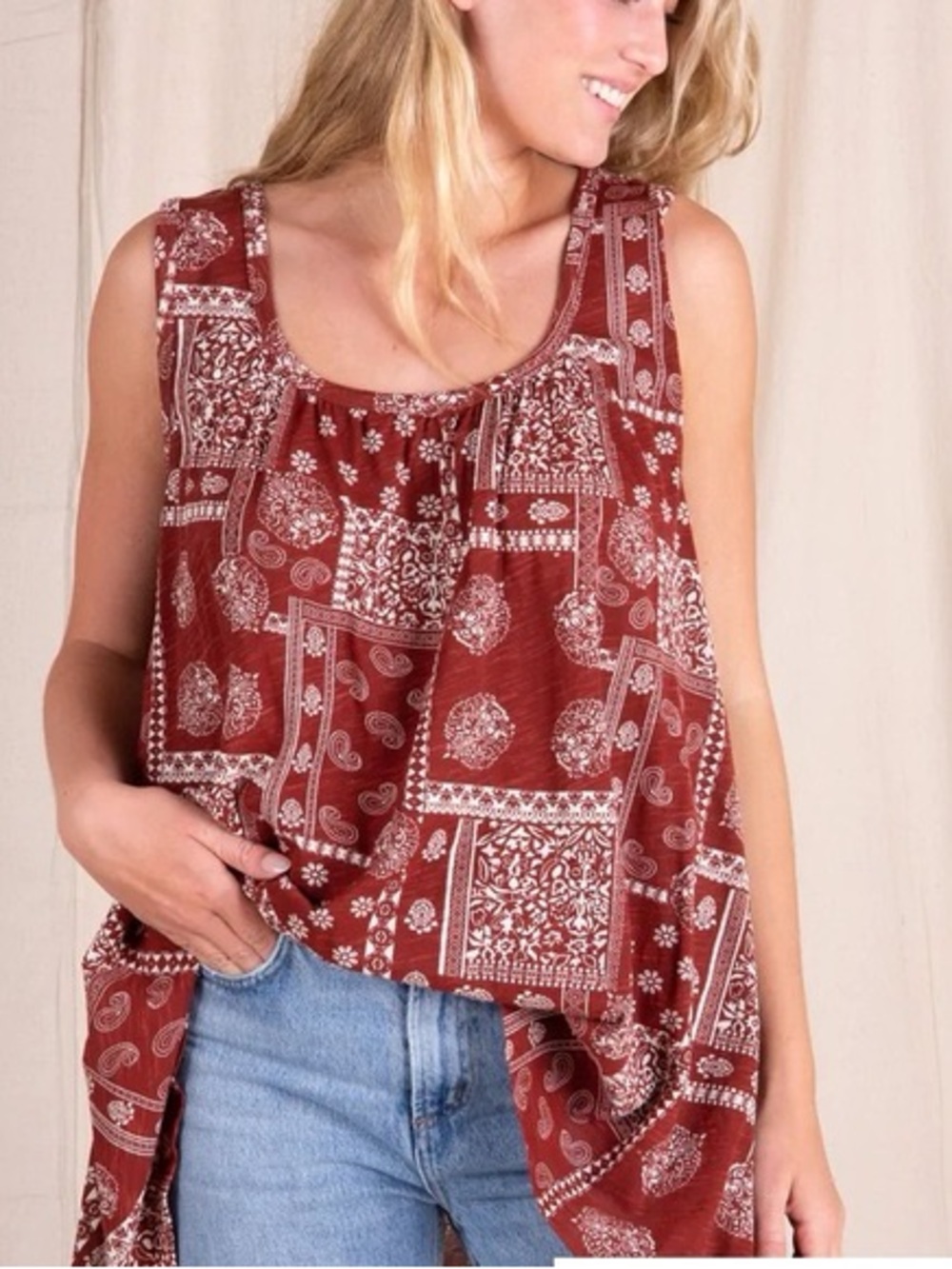 NATURAL LIFE Rust Red & White Paisley Patchwork Tank Top